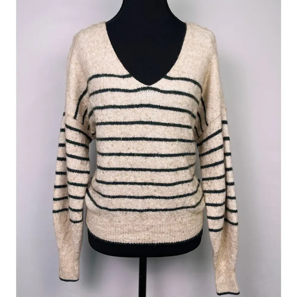 Madewell Merino Wool Oatmeal & Dark Green Striped V Neck Sweater Women’s Small - Picture 3 of 12